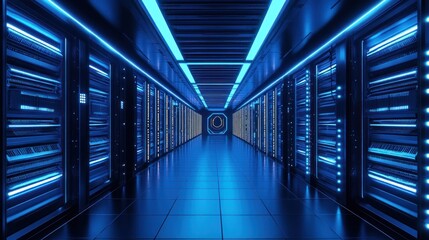 Fototapete - A futuristic data center corridor illuminated with blue lights and server racks.
