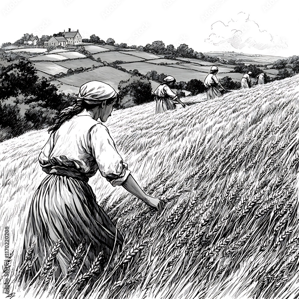Black and White Illustration of Women Harvesting Wheat in a Rolling ...