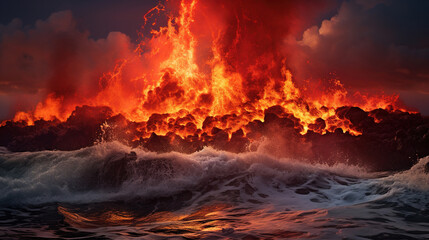 Wall Mural - Volcanic Eruption Meets the Ocean: A Fiery Dance of Nature