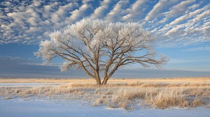 Wall Mural - Frosty tree in winter landscape.