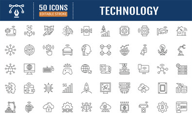 technology line editable icons set. containing industry 4.0, 5g, ai, robot, iot, near field communic