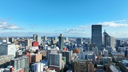 Leinwandbilder - 都市、空撮、ドローン、パノラマ、展望、風景、景色、観光、旅行、建設、都会、インフラ、ビル、俯瞰、ハイアングル、地平線、景観、社会、現代、建築、ビル群、不動産、高層ビル、摩天楼、日本、地方、自治体、行政、青空、環境、街、産業、経済、ビジネス、交通、遠景、開発、発展、コピースペース、昼間、晴れ、明るい、建物、屋外、飛行、迫力、広大、ダイナミック、60p、絶景