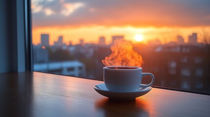 Wall Mural - Steam rising from a coffee cup on a window sill during sunrise over a city.