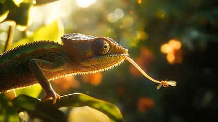 Wall Mural - Chameleon catching insect with its long tongue.