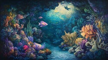 Wall Mural - Vibrant Underwater Scene Depicting Coral Reef And Fish