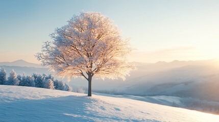 Wall Mural - Solitary snow-covered tree on a snowy hillside at sunrise.