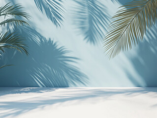 minimalist concept with palm leaves casting shadows on a blue wall and pastel floor, creating a summ