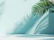 © Dwiyan - minimalist concept with palm leaves casting shadows on a blue wall and pastel floor, creating a summer tropical beach background in an empty room ideal for product placement