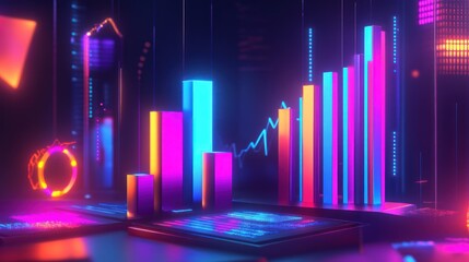 Wall Mural - neon glowing 3d bar charts and graphs on digital devices.