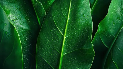 Wall Mural - Close-up of lush green leaves showcasing water droplets, emphasizing freshness and the beauty of nature in detail.