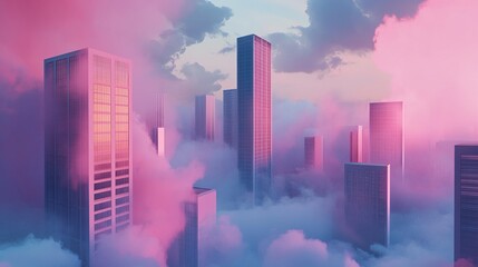 Wall Mural - Dreamlike City in the Clouds: Pink and Purple Skyscrapers