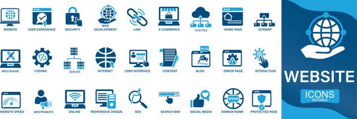 Website icon set. web design, internet, content, SEO, hosting, server, homepage You can easily change the color.