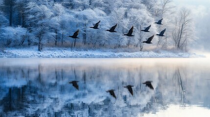 Wall Mural - Birds flying over snowy river, winter landscape reflection.