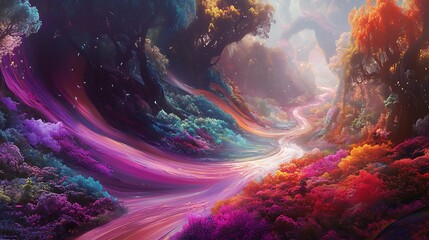 Wall Mural - Vibrant River Flows Through A Colorful Fantasy Forest