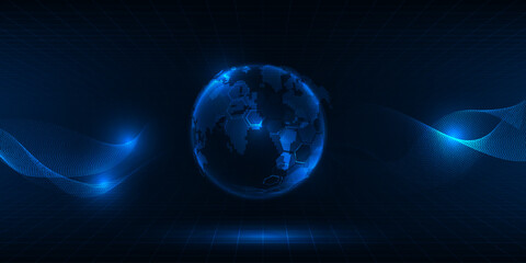 Wall Mural - vector illustrations of neon blue glowing globe on digital hi tech grid connecting wave form.futuris