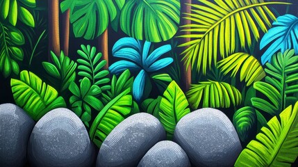 Wall Mural - Vibrant tropical foliage with various green leaves and textured gray stones creating a lush, serene atmosphere