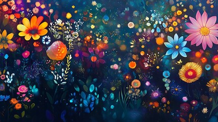 Wall Mural - Vibrant Colorful Flowers Blooming in Night Garden