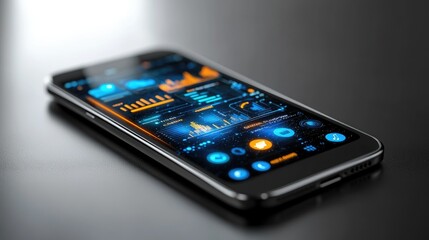Smartphone displaying futuristic digital interface with charts and graphs.