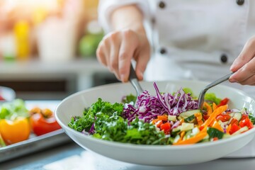 Food bloggers share cooking tutorials. Fresh salad preparation in a bright kitchen environment.