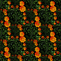 Wall Mural - seamless floral pattern black orange red flowers leaf