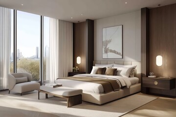 Wall Mural - A contemporary bedroom featuring streamlined furniture pieces, neutral tones, and minimalistic decor. Utilize clean lines, large windows