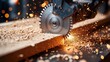 © RONNY - Close-up of circular saw cutting wood with sparks.