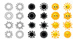 © Pavika - Illustration of variety sun designs, simple line art, solid silhouettes, and cheerful cartoon style suns with expressive faces. ideal for icons, labels, or digital decoration.