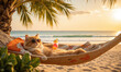 © panophotograph - A cool, charismatic cat in a hammock, sunglasses perched on its face, enjoying a colorful umbrella drink under a tropical
