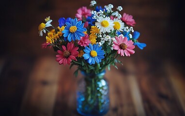 Wall Mural - Vibrant wildflowers in a blue glass vase on a wooden table.