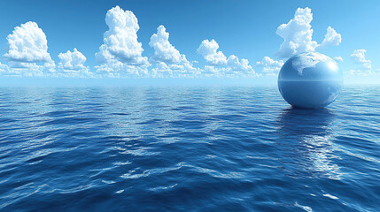 A globe floats on calm blue water under a bright blue sky with fluffy white clouds a serene image