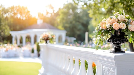 Canvas Print - Elegant rose floral arrangement on a white balustrade overlooking a garden party.