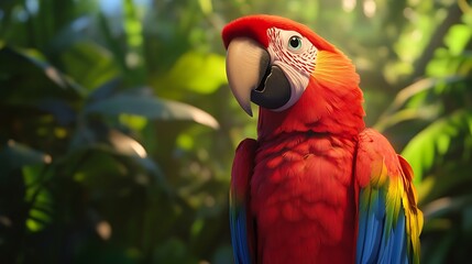 Wall Mural - Scarlet macaw parrot in lush green jungle.