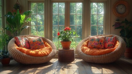 Wall Mural - Sunlit room with two wicker chairs, orange cushions, potted plants, and garden view.