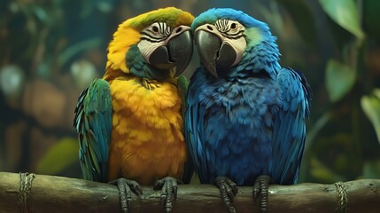 Wall Mural - Two macaws, one blue and one yellow, nuzzle heads together on a branch.