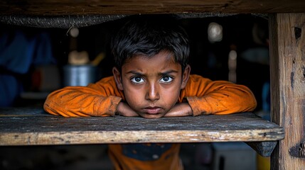 Canvas Print - A young boy rests his chin on a wooden surface. AI.