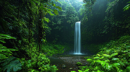 Wall Mural - Hidden waterfall in tropical rainforest.