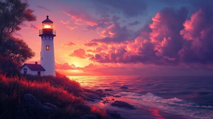 Wall Mural - Lighthouse Sunset Seascape: A Serene Coastal Vista