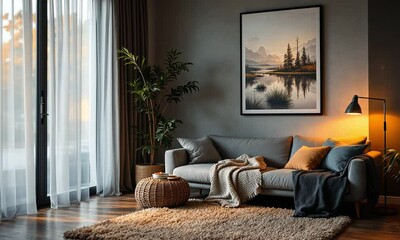 Wall Mural - A large landscape painting hangs on the wall of Cozy modern living room night, featuring a serene scene of a lake surrounded by mountains.