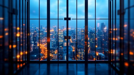 Wall Mural - Night city view from large window in modern building.