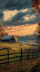 Poster - Autumn Sunset over a Rustic Barn in the Countryside