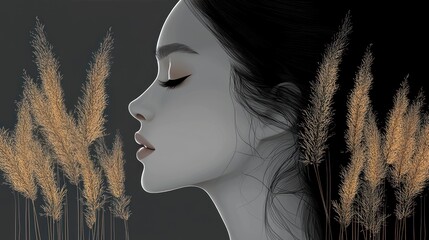 Sticker - Serene woman profile with pampas grass.