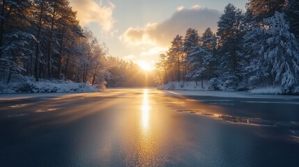 Poster - Sunlit winter landscape with frozen lake and snow-covered pines at sunset.