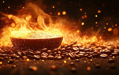 Sticker - Flaming hot coffee in a bowl surrounded by coffee beans.