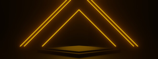 Wall Mural - 3D black podium with golden neon lights