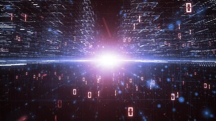 Wall Mural - futuristic digital computer data network with artistic city buildings loop motion background.