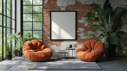 Sticker - Relaxing Interior Design with Orange Armchairs and Plants