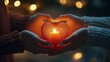 © Lupinetta - Couple holding glowing red heart with candle in blurred christmas lights background