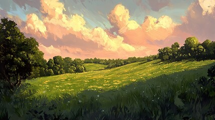 Wall Mural - Sunset Landscape: Serene Meadow and Golden Sky