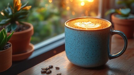 Wall Mural - Latte art in a blue mug on a wooden table by a window with succulents.