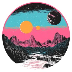 Canvas Print - Circular artwork of a vibrant, alien landscape with planets, mountains, and a river.